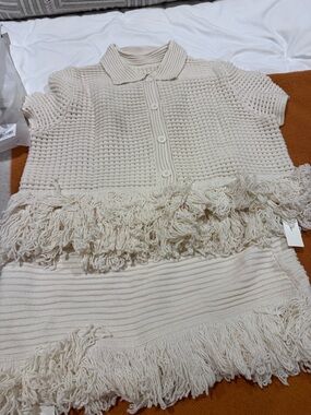 Commense crochet fringe knit skirt and polo set cream XL NWT